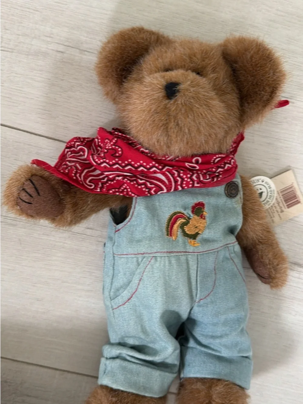 Plush Boyds Teddy Bear with Red Bandana and Light Blue Overalls with Rooster New